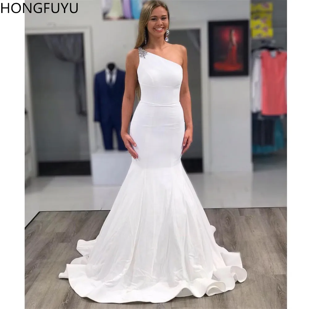 

HONGFUYU 2019 Beading Mermaid Evening Dress Long One Shoulder Sexy Prom Pageant Dresses Ivory Satin Formal Gowns robe de soiree