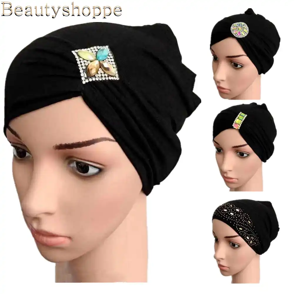 2020 New Elastic Black Turban Hat Solid Color Women Sequin Headscarf Bonnet Inner Hijabs Cap Muslim Hijab Femme Wrap Head Aliexpress