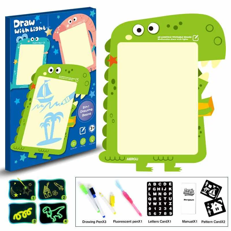 А3 Рисование Ночной светильник в темноте веселые детские игрушки написание волшебная доска для рисования набор обучающий английский язык - Цвет: Green Dinosaur