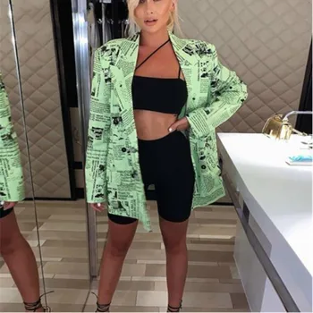

Newspaper letter print long sleeve green blazer jacket Women autumn winter elegant blazer Female streetwear club jacket L018