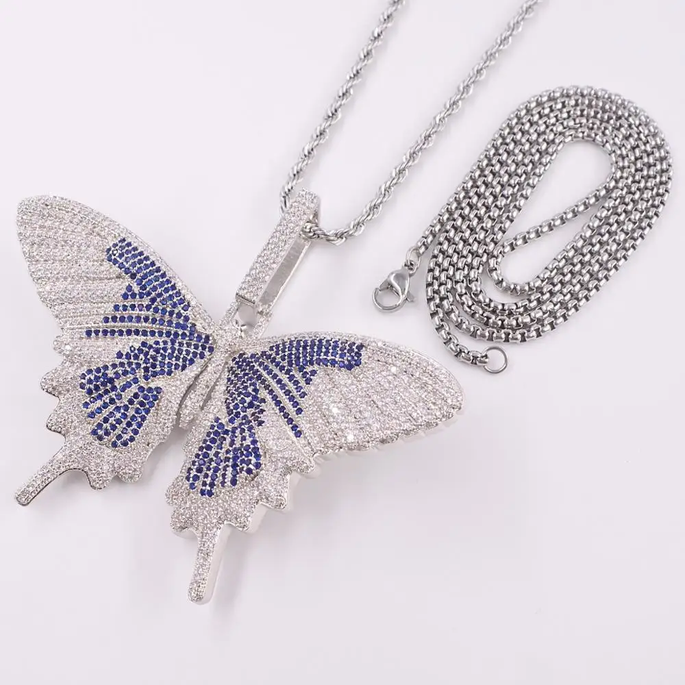 Iced Out большая Серебряная Бабочка Шарм Подвески микро проложить кубический циркон для мужчин из нержавеющей стали Веревка ожерелье хип-хоп рэпер wo мужчин