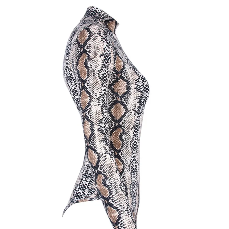ROPALIA Women Snake Skin Print Turtleneck Long Sleeve Bodysuit Sexy Bodycon Fashion Slim Romper Womens Jumpsuit Femme Clothes hc
