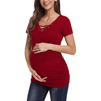 

TELOTUNY 2020 Summer New Fashion Women Pregnant Maternity Short Sleeve Solid Frenulum Tops Clothes Blouse T-Shirt Wholesale