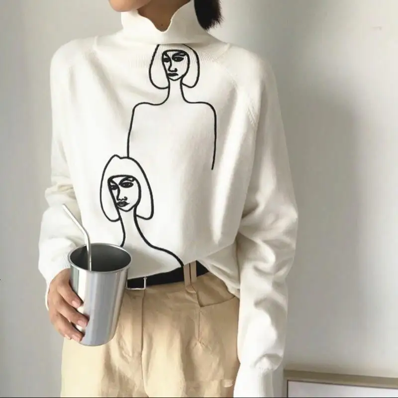 Geometric Face Embroidery Sweaters Character Women Mock Neck Long Sleeve Soft Pullover Sweater