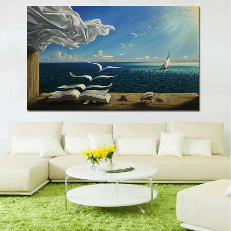 

Salvador Dali Canvas Art Print Poster The Waves Book Sailboat Wall Pictures Canvas Painting Diary of Discovery By Vladimir Kush