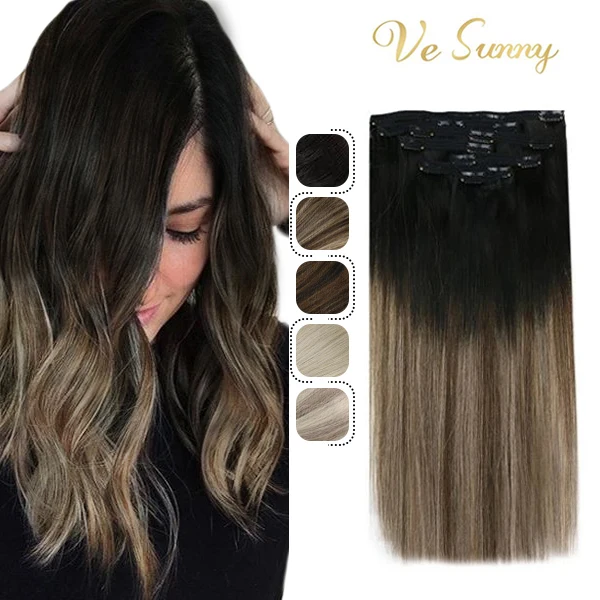 VeSunny-extensiones de cabello de doble trama con Clip, 100% cabello humano Real, 7 Uds., 120gr, Balayage, negro a marrón, rubio oscuro, #1B/4/18