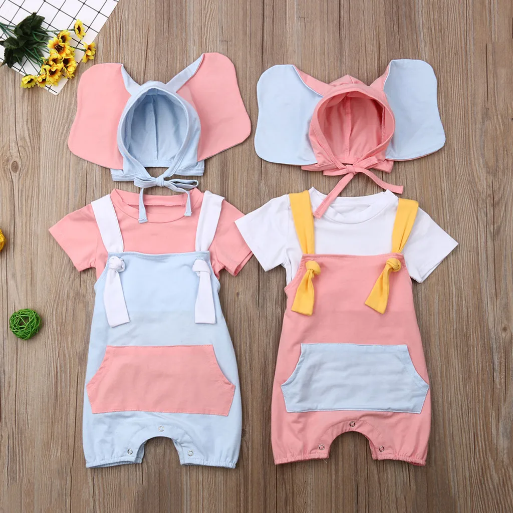 Kids Summer Clothes Baby Girls Boys Kid T-Shirt+ Romper Jumpsuit+Cartoon Elephant Hat Costume Outfits Vetement Fille Hot Sale