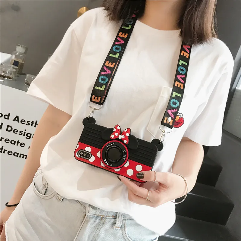 

3D Cartoon Minnie Mickey Camera Soft Silicone phone Case For iPhone 11 Pro X XR XS Max 6 6S 7 8 Plus with Lanyard and Bracket
