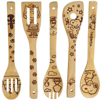 

5pcs Portable Tableware Wooden Spoons Halloween Gift Idea Utensil Burned Set House Party Warming Wedding Cookling Set