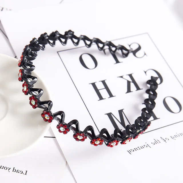 Fashion Pearl Non-Slip Rhinestone Hairbands Elastic Flower Women Hair Hoop Bands Headband Bezel Girls Hair Accessories Headdress red ab