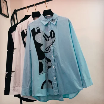 

Spring Autumn Cartoon Mickey Sequins Embroidery Blouses Loose Beading Diamonds Single-breasted Shirts Long-sleeved Cardigan Tops