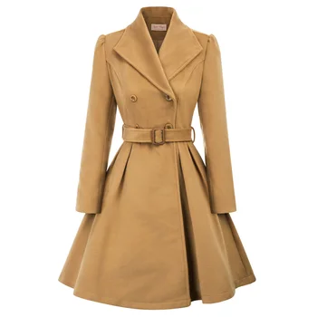 

BP Womens wool coat vintage retro Lapel Collar Coat Wool Blends Long Puff Sleeve Belt Decorated ladies coat