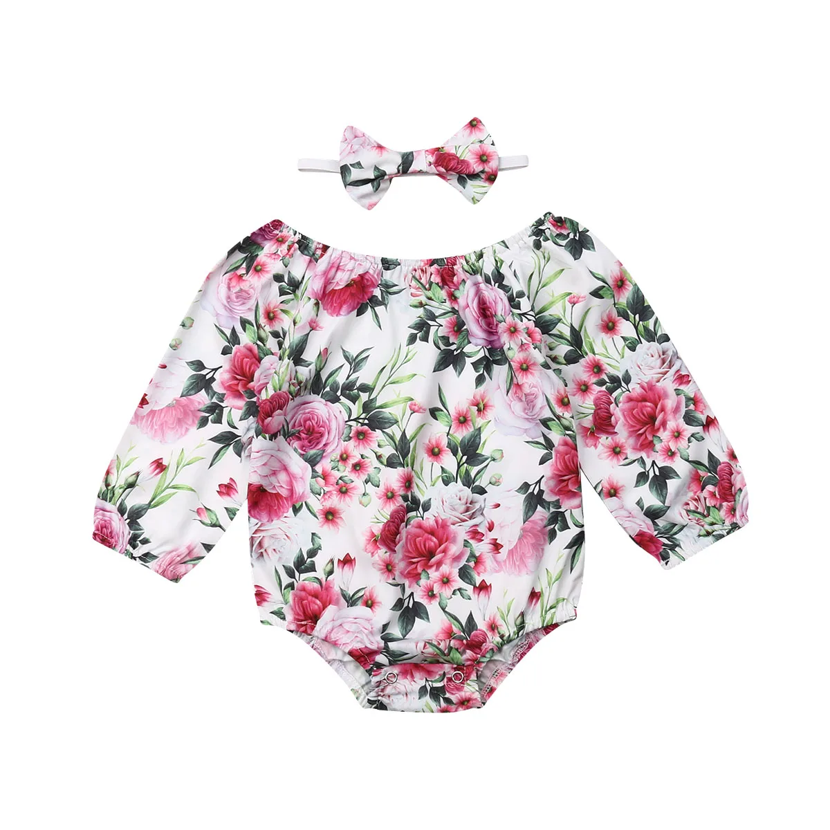 

Toddle Baby Girls Long Sleeve Floral Printed Bodysuits with Headband Outfits Clothes 2pcs