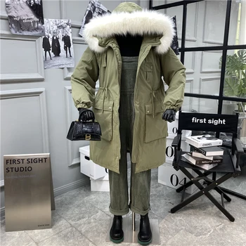 

Parka In Winter 2020 New Loose and Fashionable Fake Fur Collar Drawstring Waist Thickened Winter Clothes for Women Army Green