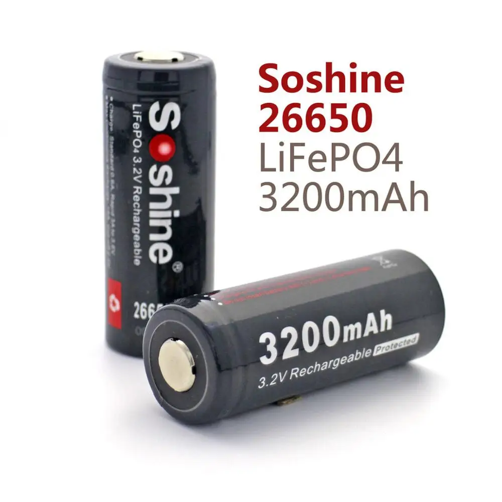 2pcs Soshine  26650 Protected 3.2V 3200mAh Lithium Rechargeable Battery