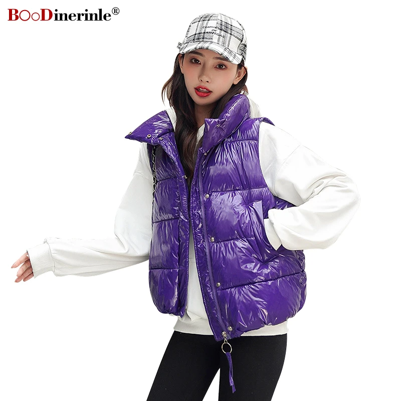 BOoDinerinle зимняя куртка женская фиолетовая без рукавов Глянцевая пуховая куртка жилет осень тонкий теплый короткий пуховый хлопковый жилет
