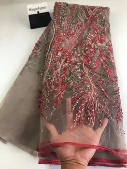 

Nigerian handmade Lace Fabric 2020 High Quality african Beaded French tulle Lace with Sequins for Wedding