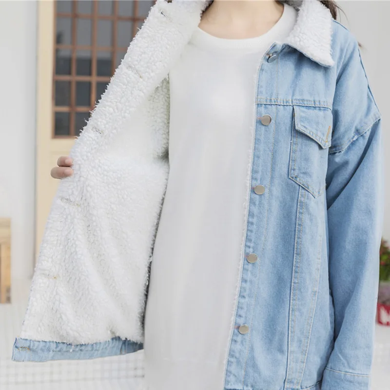 

Photo Shoot Korean-style Harajuku Mid-length Large Size Loose-Fit Jeans Coat Lambs Wool Tops Women's xue sheng shan Fashion 7001