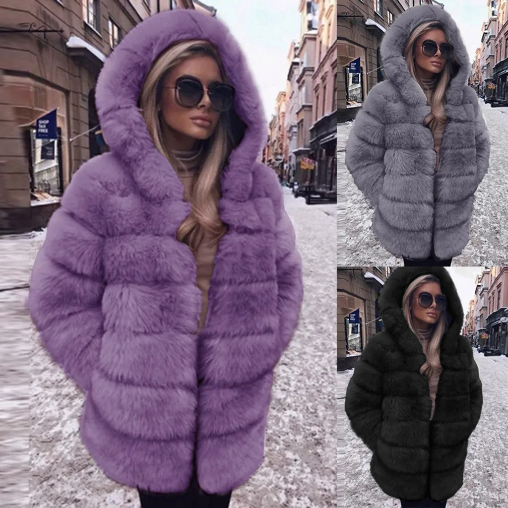 Женское модное роскошное пальто из искусственного меха с длинным рукавом, Осеннее зимнее Теплое повседневное пальто с капюшоном