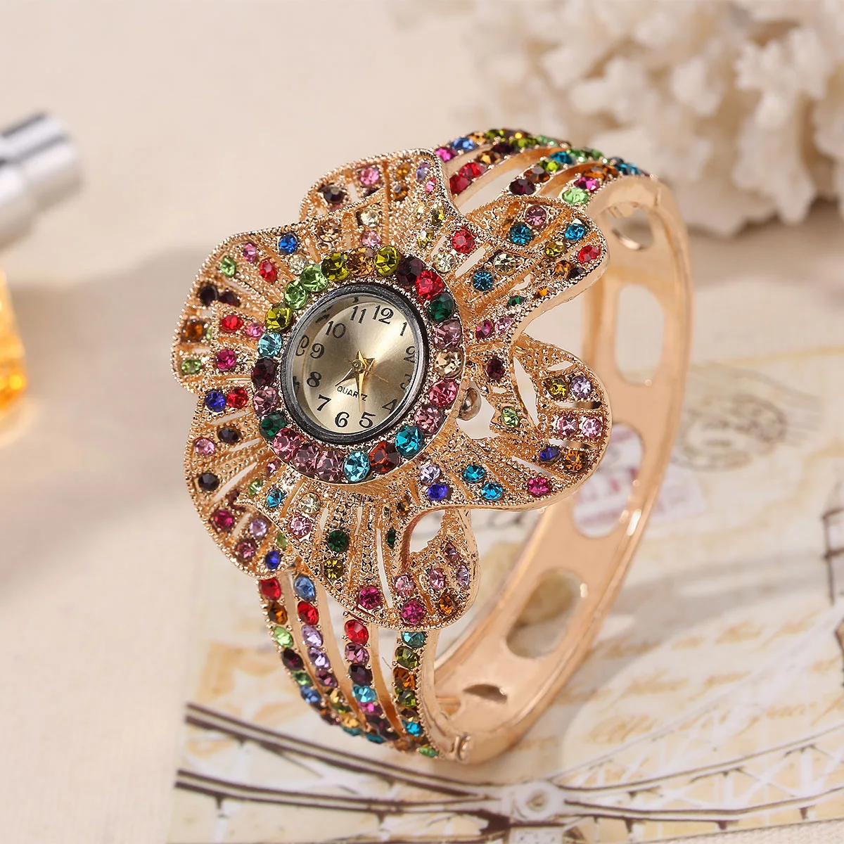 Wrist Watch Women Flower Shape Jewelry Bracelet Watches Crystal Ladies Quartz Clock - Color: Multicolor