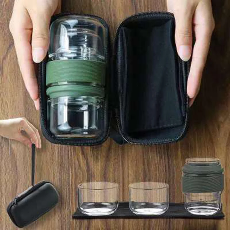 

Travel Tea Set Kung Fu Tea Pot with Portable Case Glass Teacups with Infuser for Travel Home HFing