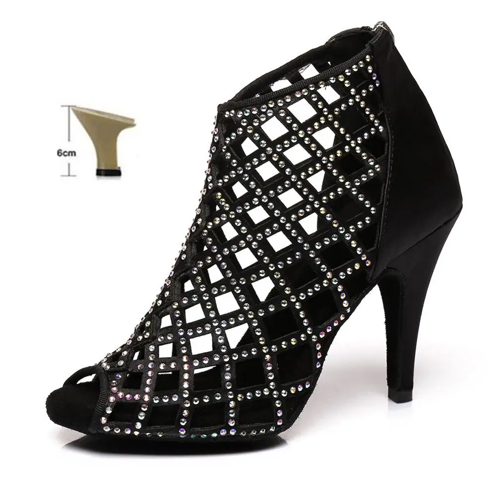 Обувь для латинских танцев для девочек, женские Стразы для бальных танцев, профессиональная обувь для сальсы, танго, вечерние туфли для танцев на высоком каблуке - Цвет: Black   6cm