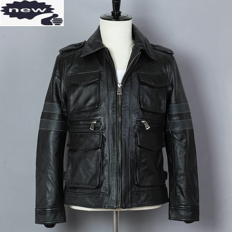 

M65 Motorcycle Men Cowhide Genuine Leather Jacket Male Slim Fit Short Multi-pocket Locomotive Clothing Biker Coat
