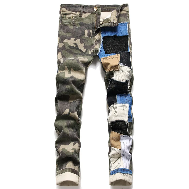 

Men’s Light Luxury Stretch camouflage Jeans,Color Patches Beggar Style Slim-fit Jeans,Stitching Decors Casual Jeans,Youth Must;