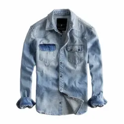 Японский Harajuku Винтаж рваные джинсовые рубашки для мужчин городской мальчиков уличная одежда хип хоп джинсовый, синие джинсы рубашка