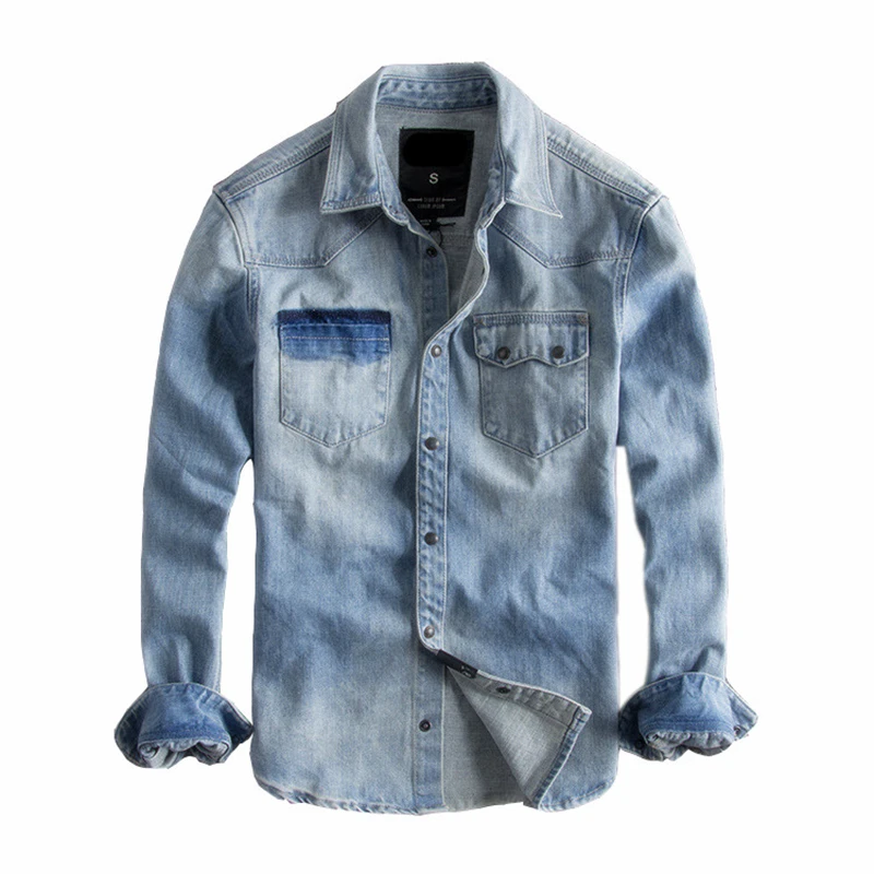 

Japanese Harajuku Vintage Distressed Denim Shirt for Men Urban Boys Street Wear Hip Hop Denim Blue Jeans Shirt Oversized