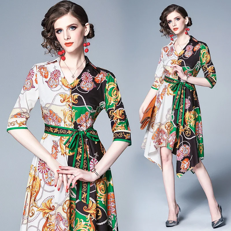 

3251 # Europe And America New Style V-neck Elegant Palace Style Printed Waist Hugging Irregular Hem Dress