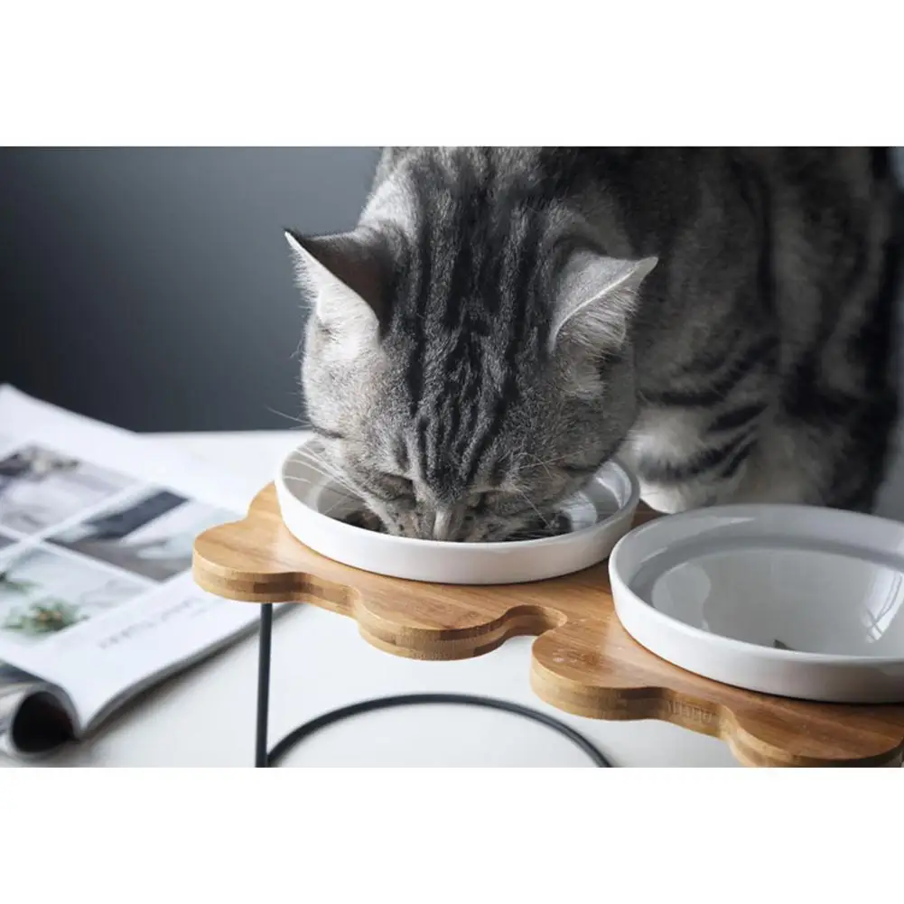 Новая высококачественная миска для домашних животных, Бамбуковая полка, керамические миски для кормления и питья для собак и кошек, аксессуары для домашних животных - Цвет: Double bowl bone