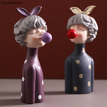 

Nordic Ins Bubble Bow-Knot Girl Sculptures Resin Figurines For Home Decoration Accessories Fashion Girl/Firend/Wedding Gift