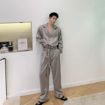 

Men Long Sleeve Satin Style Casual Retro Fashion Shirt Wide Leg Belt Trousers Japan Streetwear Shirt Men 2 Piece Suits Sets