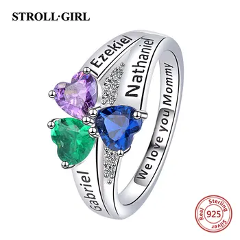 

925 Sterling Silver Personalized Heart Birthstone Engraved Names Finger Rings for Women Custom Fine 2020 Jewerly Gift Wholesale