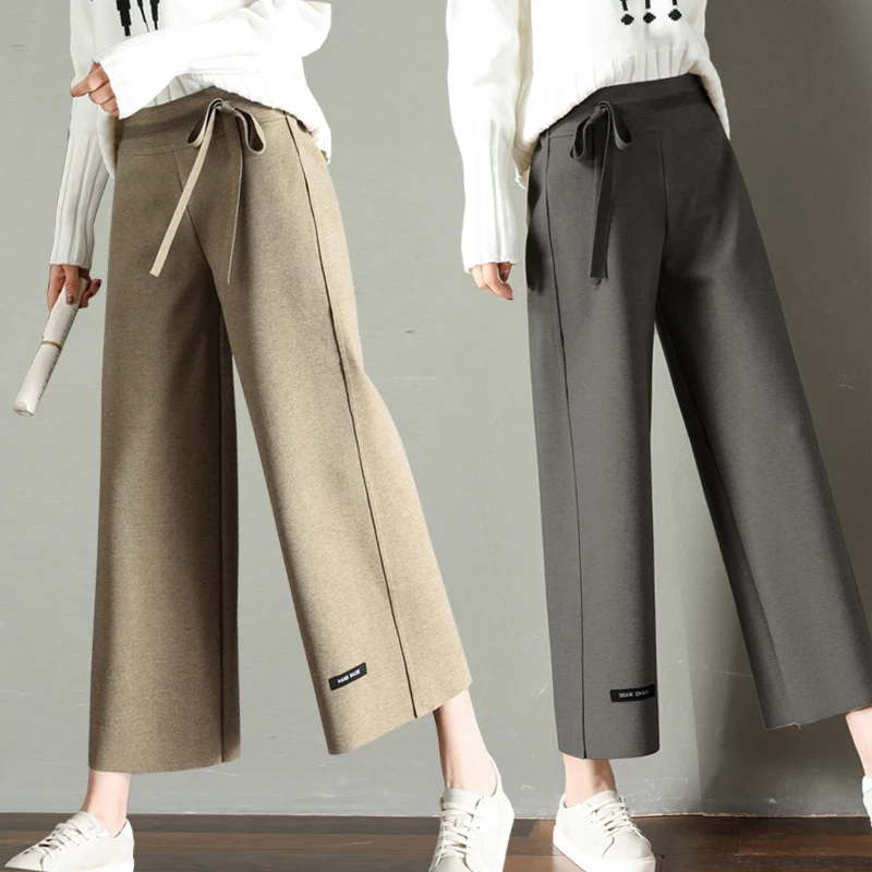 

Women's Wide-leg Pants Spring/fall Women British Style Sweatpants Korean Slacks Thicken Woolen Cloth Pants Plus Size Sport Pants