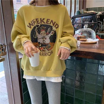 

2 In 1 Women Sweatshirt Thickened Velvet Retro Yellow Vintage Printing Lazy Round Collar Pullover Top