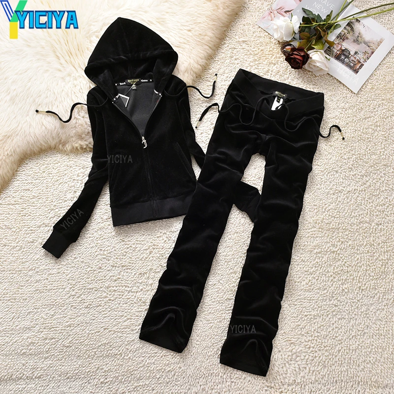 YICIYA TRACKSUIT hoodies Velvet Zipper Sweatshirt And Pants Winter women velour Pant Suit Hoodies Zipper Rhinestone velour suits vintage sweatshirts