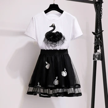 

HAMALIEL Fashion Runway Women T-Shirt Two Piece Set Summer 3D Swan Embroidery Cotton T shirt + Short Mesh Ball Gown Skirt Set