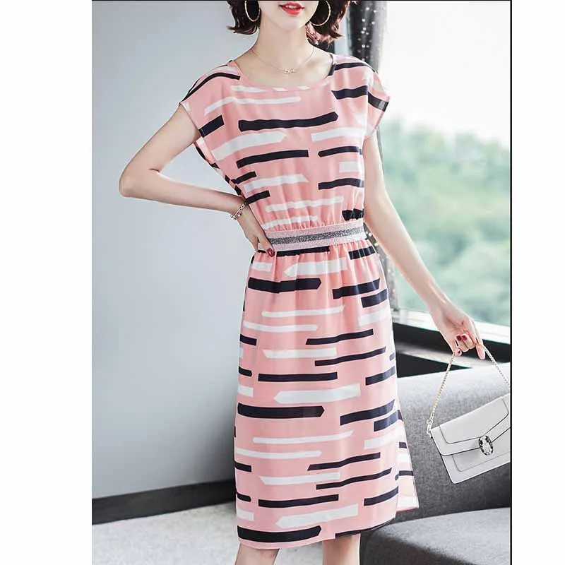 

Ozhouzhan 2019 Summer New Style Multi-color Stripe WOMEN'S Dress Slimming Waist Hugging-Style Printed Skirt Hot Selling