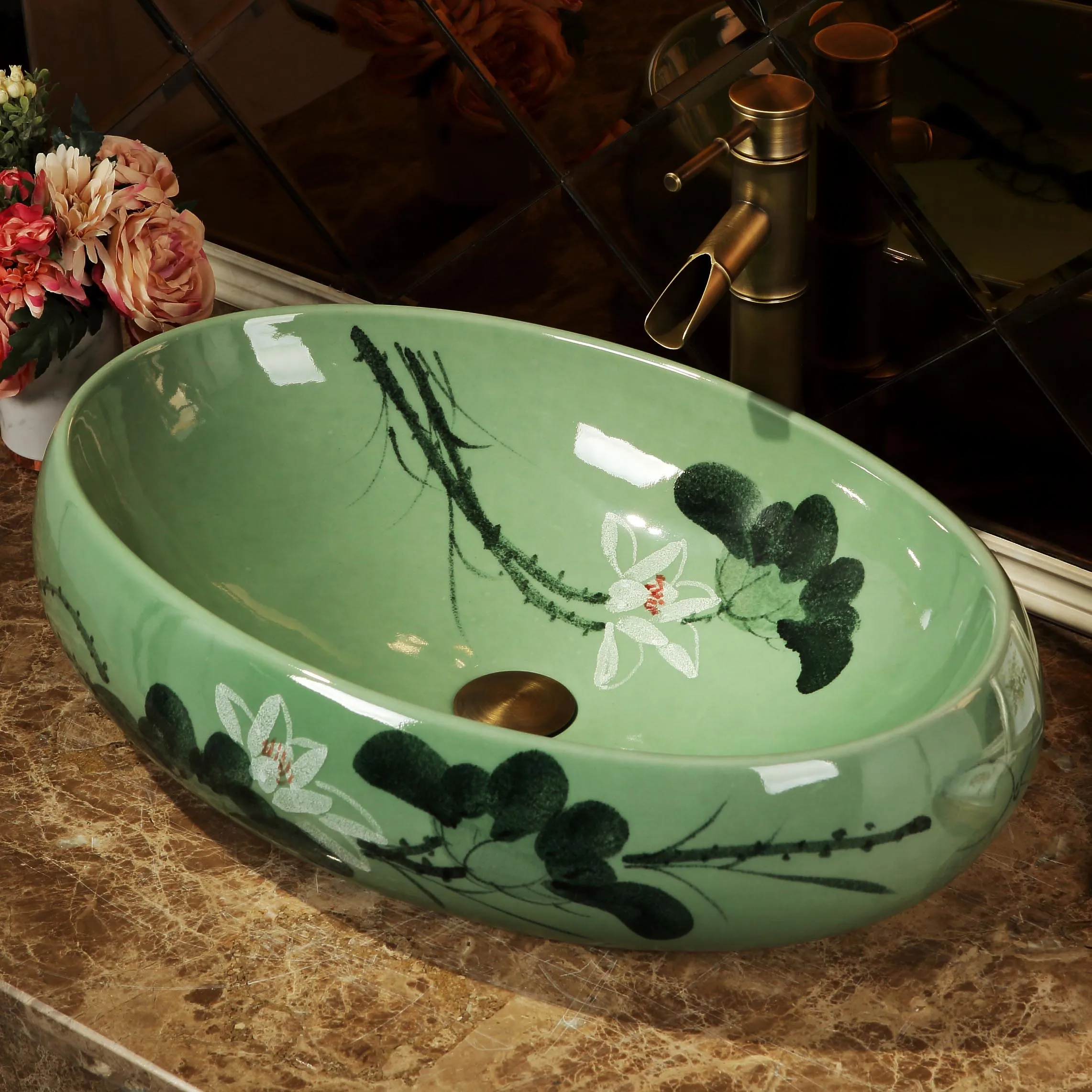 Lotus Ceramic Painting Art Lavabo Bathroom Vessel Sinks Ceramic Lotus Ceramic Painting Art Lavabo Bathroom Vessel Sinks Ceramic