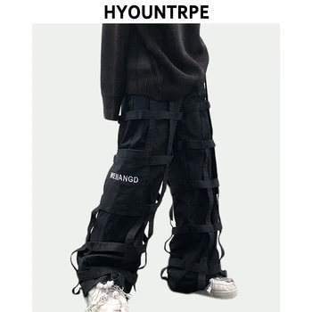 

High Street Military Cross Belt Pants Mens New Casual Zipper Loose Straight Harajuku Trousers Hip Hop Black Streetwear Joggers