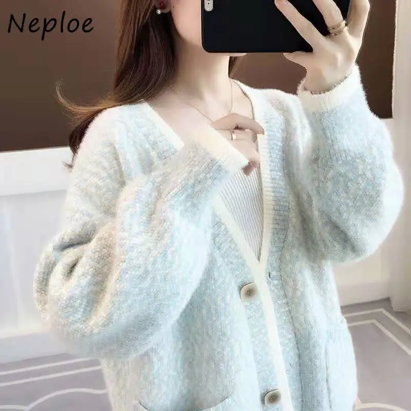 Neploe Women 2021 Autumn Winter Casual Warm Faux Mink Cashmere Knitted Sweaters Female Lantern Sleeve V-Neck Soft Cardigan Coat |