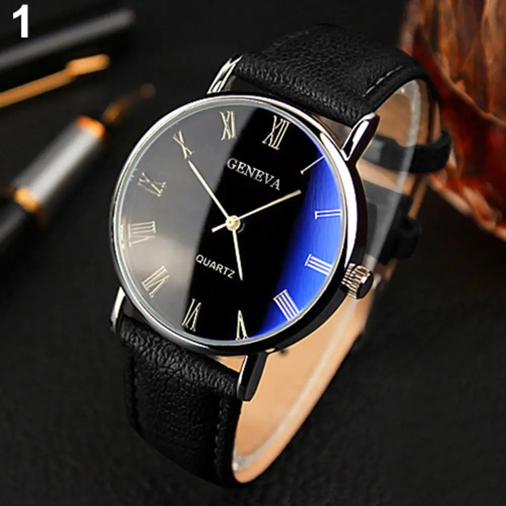Men Roman Numerals Blu-Ray Faux Leather Band Quartz Analog Business Wrist Watch 2020 Newest Round Shape Stainless Steel Watch afbeelding