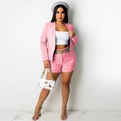 Moda de duas peças conjuntos curtos feminino workwear manga longa entalhado pescoço blazer e cintura alta shorts finos ternos senhora do escritório outfits