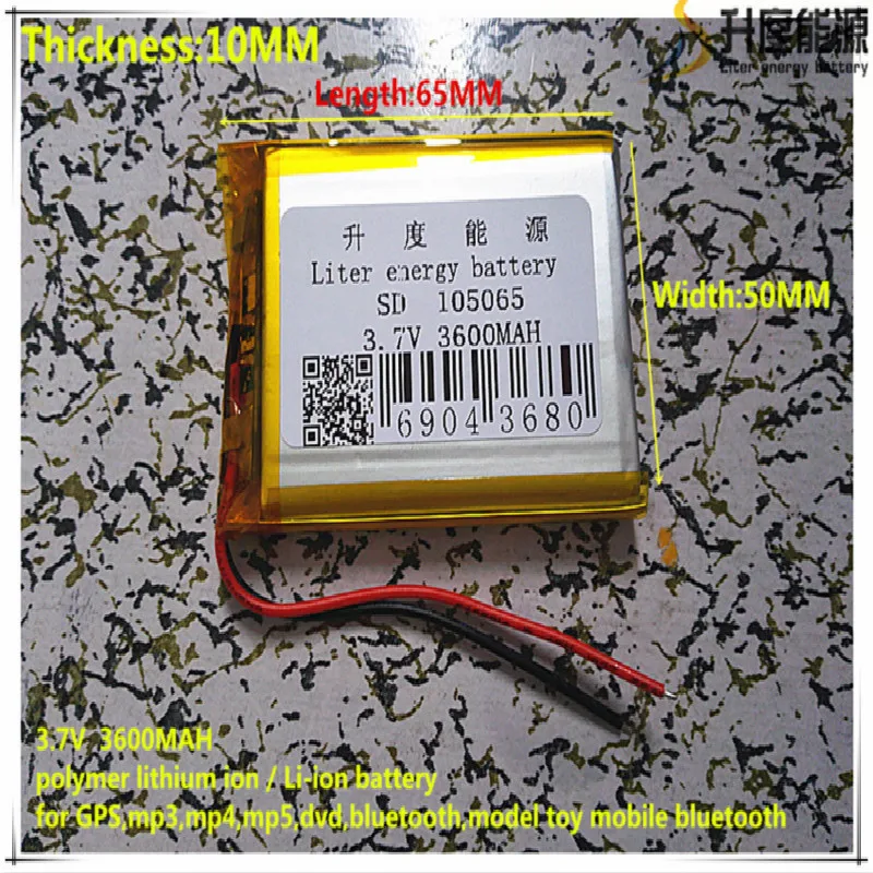 

3.7V 3600mAh 105065 Lithium Polymer Li-Po li ion Rechargeable Battery cells For Mp3 MP4 MP5 GPS mobile bluetooth