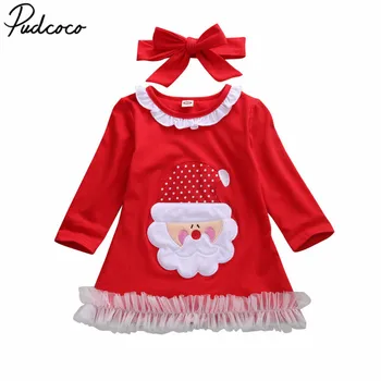 

2019 Baby Spring Autumn Clothing Xmas Newborn Baby Girls Christmas Santa Dress Party Tunic Tutu Dress Headband Outfit 2Pcs 0-24M