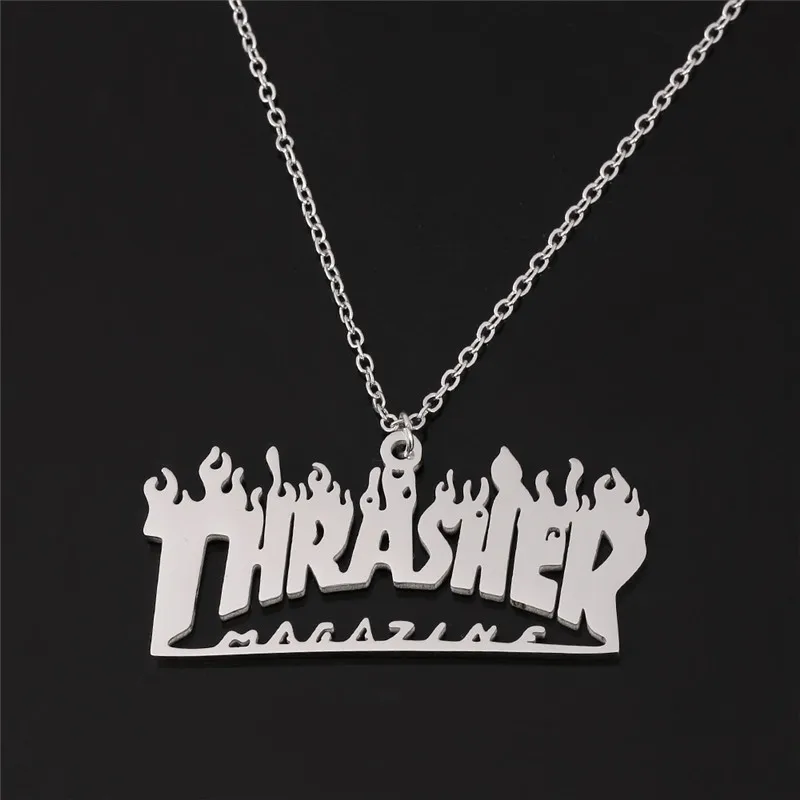 Magazine Word Necklace Men Women Flame Pendant Hip-Hop Rock Titanium Stainless Steel Gold Color Chain | Украшения и аксессуары
