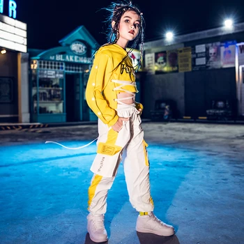 

Girls Jazz Set HipHop Practice Clothing Children Street Dance Competition Stage Costumes Yellow And White Autumn Clothes DQL2703
