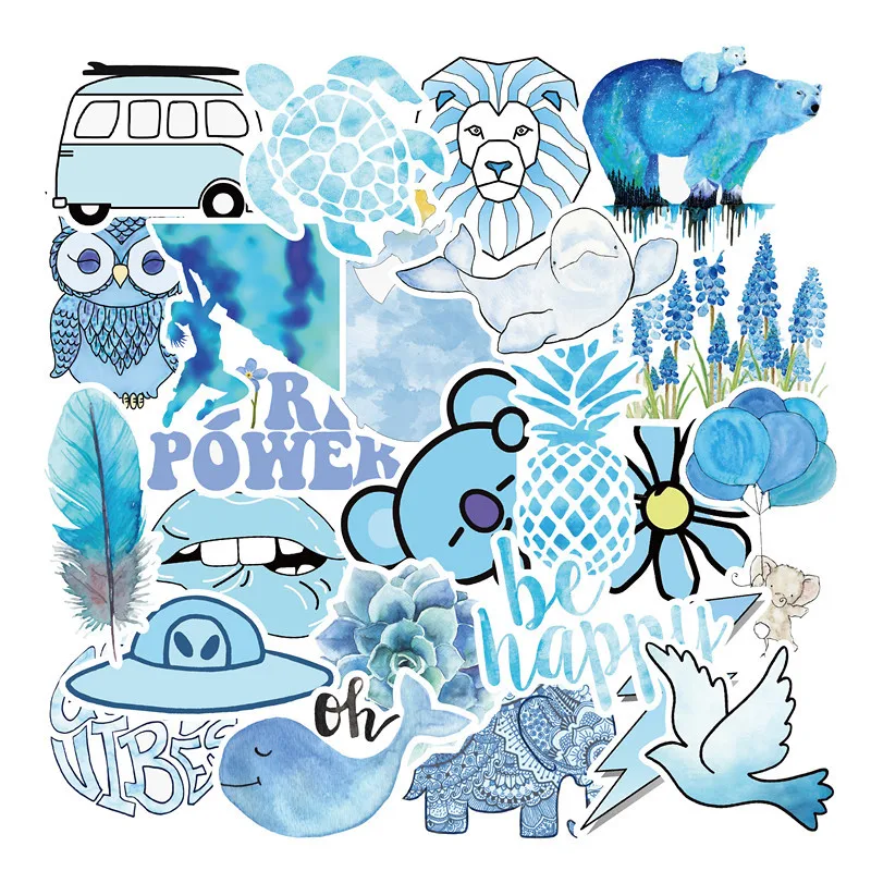 DIY 50PCS Blue Cartoon Stickers For Childrens Toy Suitcase Waterproof Sticker
